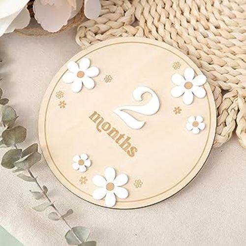 Wooden Boho Daisy Flower Milestone Cards - 1-12 Months Interchangeable Milestone Card Decor,Baby Party Photo Prop,Full Moon Background Decoration Props. (2-12 Months Daisy Flower Milestone Cards)