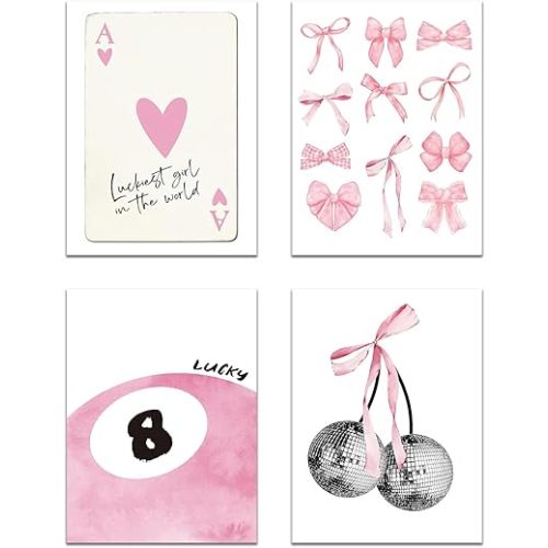 Trendy Pink Wall Art Set of 4, Coquette Preppy Wall Decor, Pink Bows Cherry Room Decor Aesthetic Cute Girly Lucky 8 Ball Canvas Posters Prints for College Apartment Dorm Bedroom 12x16 Inch Unframed