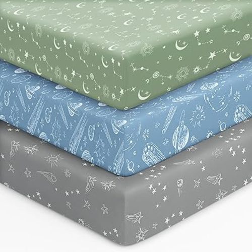 Baby Crib Sheets for Boys Girls, 28x52x8in Fitted Crib Sheet Neutral 3 Pack for Standard Crib and Toddler Mattress, Breathable Soft Microfiber Baby Sheet Green Gray Constellation