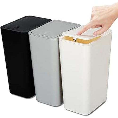 N. NETDOT 3 Pack 10L/2.6 Gal Bathroom Trash Can with Lid, Bathroom Trash Bin with Press Lid, Small Trash Can/Slim Garbage Cans/Waste Basket for Bathroom,Kitchen,Office,Bedroom - Black,Gray,Off White