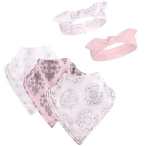 Yoga Sprout Baby Girl Cotton Bandana Bibs And Headbands 5pk, Boho Medallion, One Size