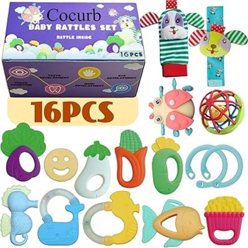 16 Pcs Ringing Teething Toys High Contrast Baby Present Set for Infant Newborn Boy Girl and Baby for 6 to 12 Months with Teethers and Wrist Socks