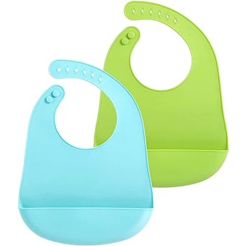 PandaEar 2 Pack Silicone Baby Bibs Super Thin Light Weight for Babies & Toddlers Feeding, Adjustable Silicone Bibs with Food Catcher Pocket, Waterproof, Soft, Unisex, Non Messy (Blue Green)