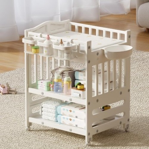 PAKASEPT Baby Changing Table Dresser with Wheels, Storage Basket, Shelves, Small Basin& Trash Bin