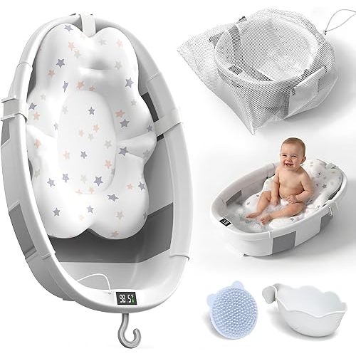Collapsible Baby Bathtub - Large Baby Bath Tub with Thermometer | Bath Essential Bañera para Bebe Easy Fold Baby Tub | Travel Infant Newborn Toddler Bathtub for Baby Girl Boy 0 to 36 Months (Grey)
