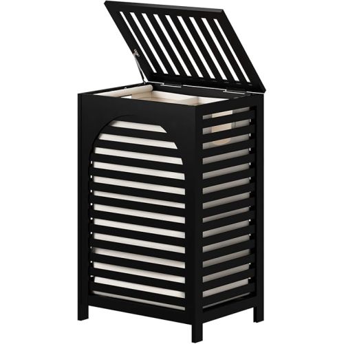 Black Laundry Hamper, Laundry Hamper with Lid, 22.5 Gallon (85L) Bamboo Wood Clothes Laundry Basket with Lid and Handles, Removable Liner
