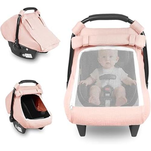 Car Seat Cover Baby, Summer Carseat Covers for Babies Girls Boys Breathable Muslin Cotton HNHUAMING Infant Car Seat Canopy with Large Mesh Window, Cozy & Windproof Newborn Stroller Cover, Pink