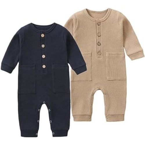 BeiVSlley Newborn Baby Boy Girl 2 Pack Button Solid Romper Infant Long sleeve Knit Cotton Footless Outfits Clothes - 3-6M - Dark Blue+khaki