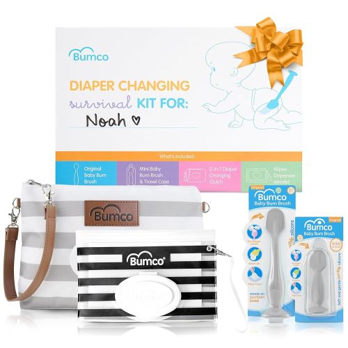 Baby Essentials Set - Personalized Diaper-Changing Baby Gift Set, Gender Neutral Baby Gift with 2 Baby Bum Brushes (Original & Mini) + Diaper Clutch Bag + Wipes Wristlet, Newborn Gift Set