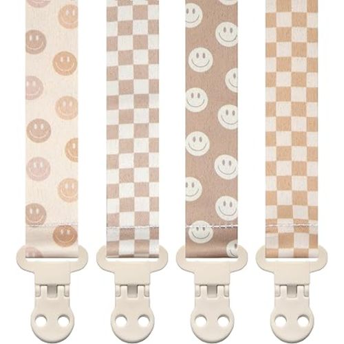 Baby Pacifier Clip Holder - Girl or Boy Unisex 4 Pack Gift Set - Retro Checker and Smiley Faces Design