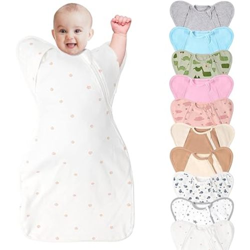 3-Way Wearable Swaddle Blankets Sleep Sacks with Arms Up, Hands Up Sleeping Sack Easy Diaper Changing Sleeping Bag for Baby Boy Girl Newborns Transitions to Arms-Free Calms Startle Reflex