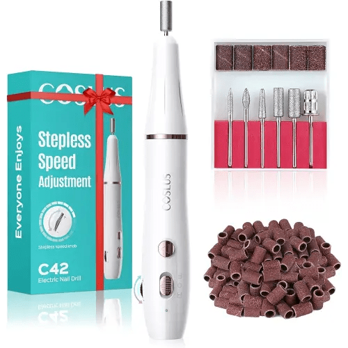 COSLUS Cordless Electric Nail Drill File: Nail Drill Machine with Stepless Speed Knob for Acrylic Gel Dip Powder Polish, Professional Portable Manicure Pedicure Rechargeable for Home Salon Use White