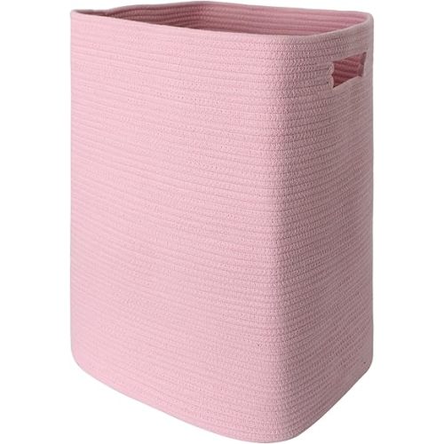 Large Laundry Hamper 16"x13"x22" - Tall Woven Laundry Basket, Cotton Rope Dirty Clothes Hamper, Baby Kids Nursery Wicker Laundry Basket, Bedroom Aesthetic, Soft Laundry Bin, Pink Hamper, 75L