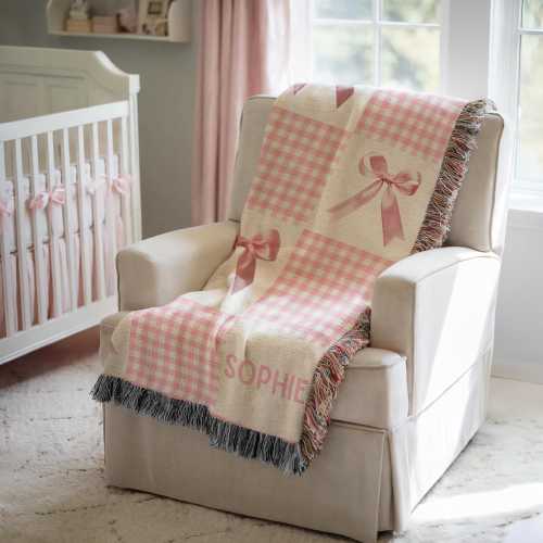 Personalized Girl Name Blanket Pink Bow Baby Blaket Coquettecore Blanket for Nursery Decor Custom Girl Pink Bow Woven Throw Coquette Blanket