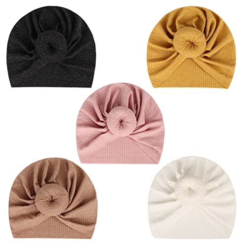 DRESHOW BQUBO 5 Pieces Baby Turban Hats Turban Bun Knot Baby Infant Beanie Baby Girl Soft Cute Toddler Cap