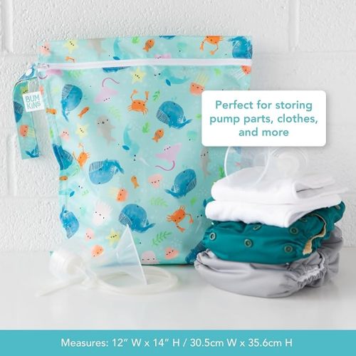 Bumkins Waterproof Wet Dry Bags for Baby, Travel, Swimsuit, Cloth Diapers, Pump Parts, Gym Clothes, Toiletries, Strap to Stroller, Zipper Reusable Bag, Packing Pouch - D2 Ocean Life