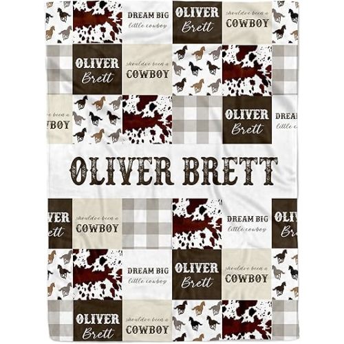 MDPrints Custom Baby Blankets for Boys and Girls, Personalized Baby Gifts, Customized Newborn Blanket with Name, Minky Plush Fleece (Cowboy 580a)