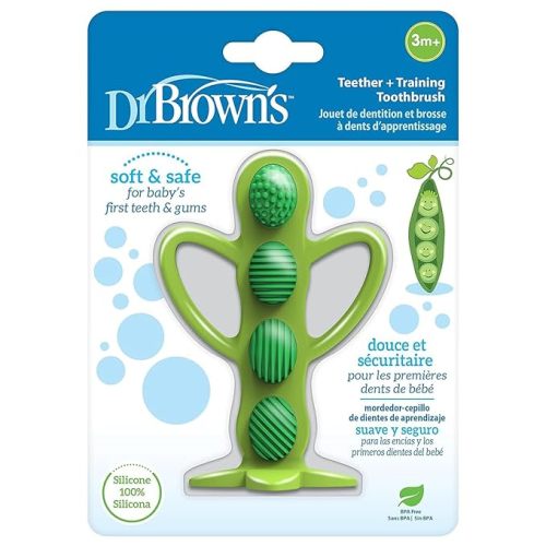 Dr. Brown's Peapod Teether + Training Toothbrush, Help Soothe Baby's Sore Gums, Soft 100% Silicone, BPA Free, 3m+