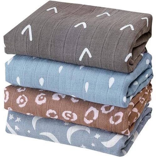 4 Set Muslin Swaddle Blankets for Newborn Baby Boys, Girls,Receiving Blankets-Cute Soft Print Baby Towel Wrap 120x110cm Baby(Moon)