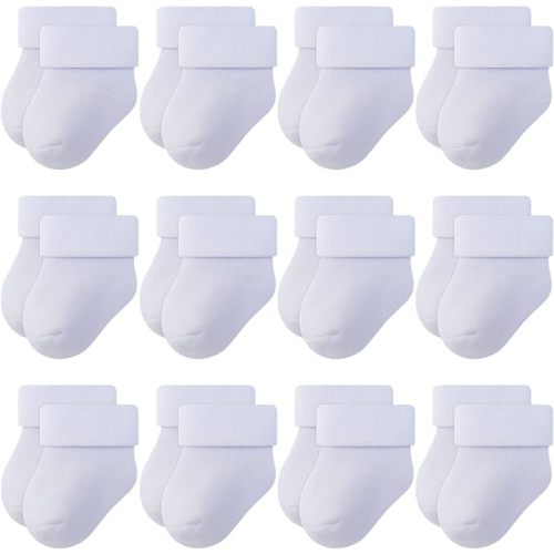 RATIVE Newborn Baby Socks 0-6,6-12 Months Thick Terry Turn Cuff Socks for Unisex Boys Girls - 0-6 Months - 12-pairs/White