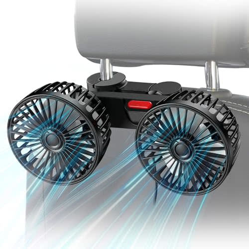 Ouffun Car Fan for Backseat, USB Powered Dual Head Car Seat Fan for Car, 3 Speeds & 360° Rotatable Car Window Fan, Powerful Air Circulation Car Seat Fan with Adjustable Holder for All Cars