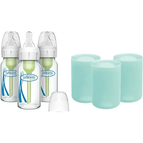 Dr. Brown's Anti-Colic Options+ Narrow Glass Baby Bottles 4 oz/120 mL, with Level 1 Slow Flow Nipple, 3 Pack 0m+ with Mint 100% Silicone Sleeves, BPA-Free