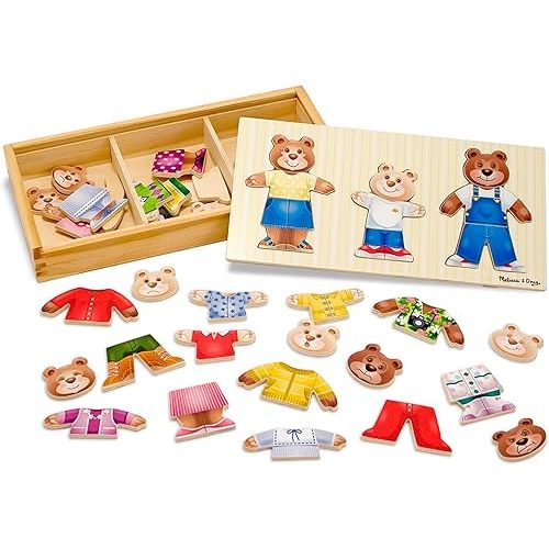 Melissa & Doug Wooden Bear Family Dress-Up Puzzle, 45 Pieces Mix and Match Outfits, Sorting & Matching Toy with Storage Case, Educational Puzzle for Toddlers Ages 3+