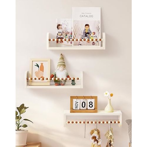 ROBUD Nursery Book Shelves, 16 Inches Wooden Kids Bookshelf Wall Set of 3, White Floating Shelves for DIY, Nursery Shelves for Wall with Stop, Book Shelf for Kids Rooms, Nursery, Living Room, WF005