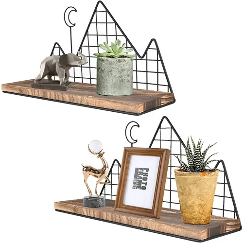 Homode Floating Shelves, Set of 2 Mountain Wall Shelves, Rustic Wood Display Storage Shelf with Metal Wire, Geometric Decor for Bathroom, Nursery, Bedroom, Office