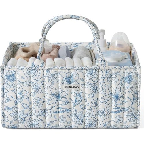 Blissful Diary Floral Diaper Caddy Organizer, Stylish Nursery Storage Basket, Gift for Baby Shower, Baby Registry Must Have, Newborn Essentials, Blue Floral