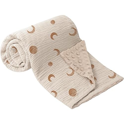 Bearmoss Baby Blankets for Unisex Boys Girls, Soft Nursery Crib Blankets with Muslin Cotton Front and Dotted Fleece Back for Newborns Toddlers 30x40inch (Brown Moon)