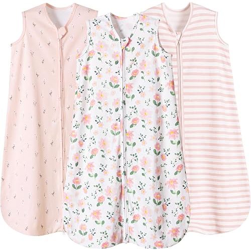 PHF 100% Organic Cotton Baby Sleep Sack 6-12 Months, Soft Lightweight Wearable Blanket for Babies, 2-Way Zipper 0.3 TOG Comfy Toddler Sleeping Sack 3 Pack for Boys Girls Neutral, Pink Floral (Medium)