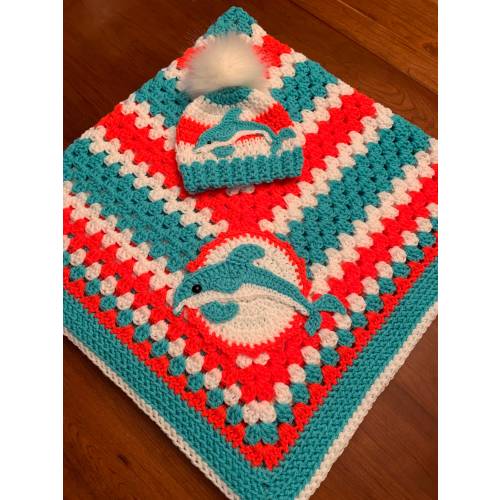 Crochet baby blanket,40x40”32x32" Miami Dolphins inspired handmade baby blanket,baby keepsake,sports team fanatic,sports theme nursery decor