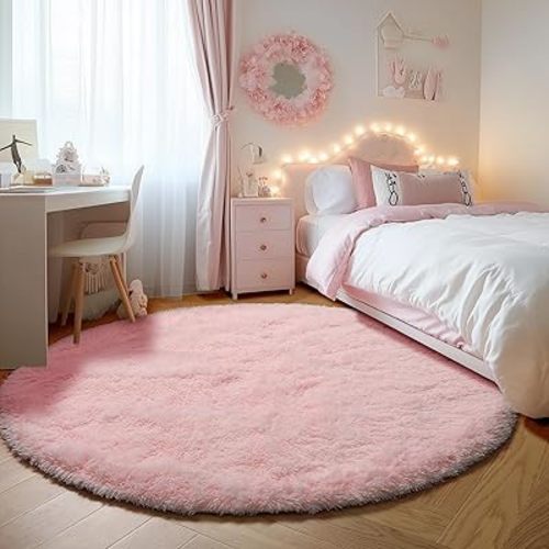 ONASAR Light Pink Round Area Rugs 5ft for Bedroom Living Room, Washable Fluffy Circle Rug for Kids Girls Boys Teen, Soft Plush Shaggy Carpet for Nursery Dorm Classroom Playroom Home Decor Aesthetic