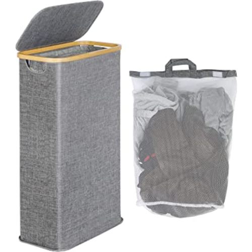 efluky Slim Laundry Basket with Lid, Narrow Laundry Hamper with Removable Bag, Skinny Dirty Clothes Basket with Bamboo Handles for Bathroom, Bedroom & Laundry Room, 63L Blue Grey