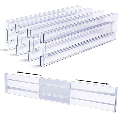 Vtopmart Drawer Dividers Organizers 4 Pack, Adjustable 3.2" High Expandable from 12.2-21.4" Kitchen Drawer Organizer, Clear Plastic Drawers Separators for Clothing, Installed by Double-sided Tape