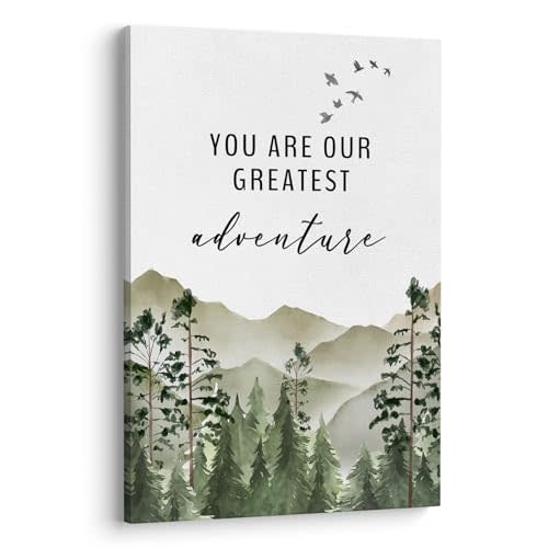 XWELLDAN You are Our Greatest Adventure Woodland Nursery Inspirational Wall Art Canvas Prints,Watercolor Forest Mountain Adventure Wall Art Decor for Kids Baby Bedroom Nursery, 16 x 24 Inch, Framed