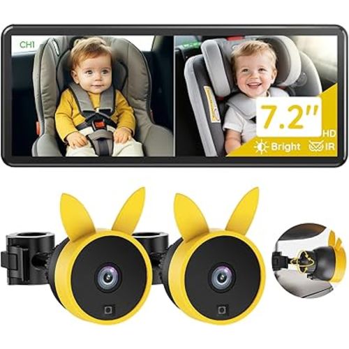 BV3 PRO Baby Car Camera for 2 Kids - 7.2" Large HD Display Dual Channel Baby Monitor, 1080P IR Night Vision Car Seat Camera, Easy Install Rear-Facing View – Ideal for Kids and Pet Safety