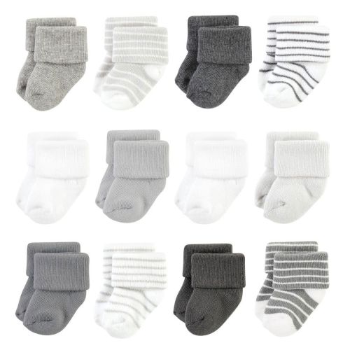 Hudson Baby Infant Boy Cotton Rich Newborn and Terry Socks, Gray Stripe 12 Pack, 6-12 Months