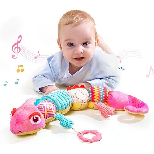 Baby Toys 0-6 Months, Baby Musical Toys, Infant Toys Stuffed Animal Toys with Rattles, Crinkle, Bell, Baby Teething Toys for Tummy Time Newborn Sensory Boys Girls 0 3 6 12 Months (Pink Chameleon)
