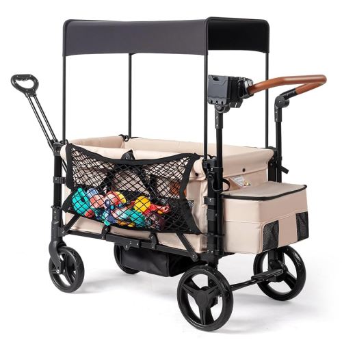 Wagon Stroller for 2 Kids, All-Terrain Wagon for Kids with Footwell, Canopy, Parent Organizer, Adjustable Handle & Pull Bar for Infants (Beige)