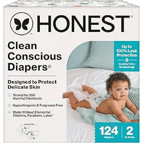 The Honest Company Clean Conscious Diapers for Sensitive Skin | Hypoallergenic, Fragrance Free | Gender Neutral Prints | Super Club Box, Size 2 (12-18 lbs), 124 Count