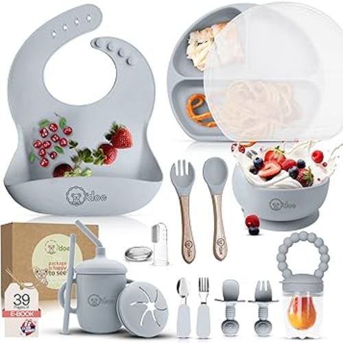 O'doe 17-Piece BPA-Free Silicone Baby Feeding Set | Thick & Soft Suction Plates, Baby Bowls, Wooden Fork & Spoon, and More | Make Mealtime Fun and Easy for Your Little One (Grey, V2)