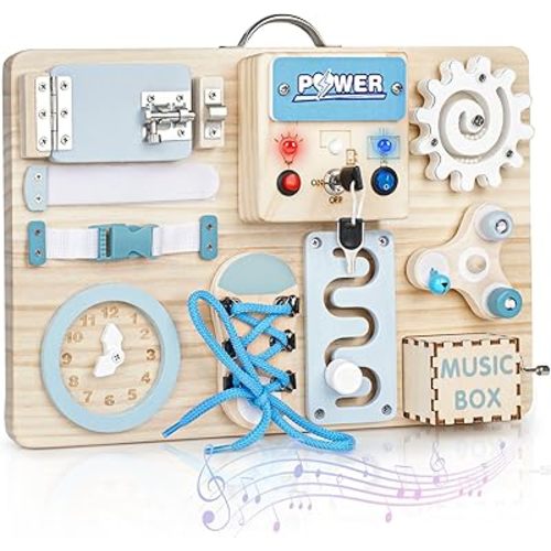 Joyreal Busy Board Montessori Toys with LED Lights, Sensory Travel Toys, Fidget Board Ideal Gift for Boys Girls Wooden Toddler Toys