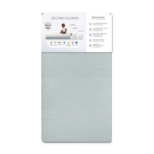 Delta Children Winter Breeze Mattress - Breathable Baby Crib and Toddler Mattress w Cloud Core, Machine Washable Cover, GREENGUARD Gold, Waterproof, Sustainably Sourced Fiber Core, Artic Blue/White