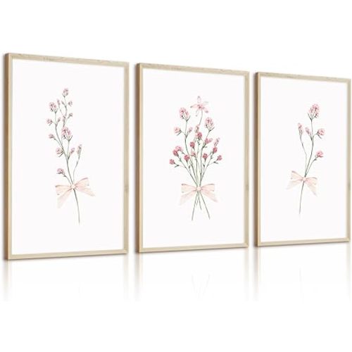 Nursery Flower Wall Art Girl Floral Canvas Wall Decor Boho Wildflower Art Poster Pink Bow Pictures Nursery Floral Prints Vintage Botanical Artwork Painting for Girls Room Bedroom 16x24x3 Inch Unframed