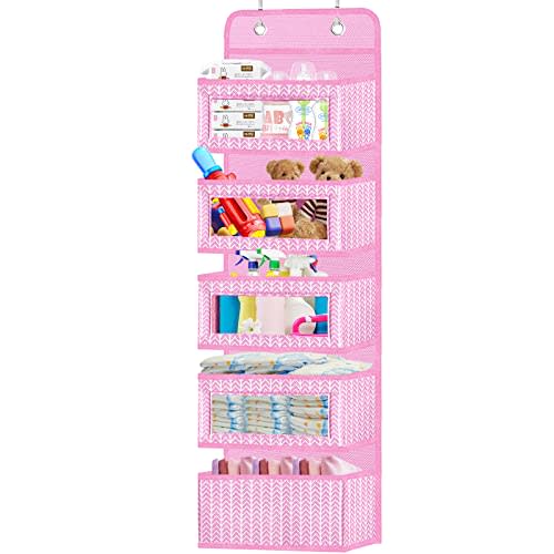 VERONLY Over The Door Hanging Organizer with 5 Large Pockets - Wall Mount Pantry Storage with 2 Big Metal Hooks for Baby Girl’s Diapers Closet, Bathroom, Nursery, Bedroom, Dorm, Baby, Kids Toys (Pink)