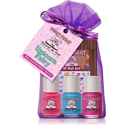 Piggy Paint | 100% Non-Toxic Girls Nail Polish | Safe, Cruelty-free, Vegan, & Low Odor for Kids | Unicorn Fairy (3 Polish + Nail Art Gift Set)