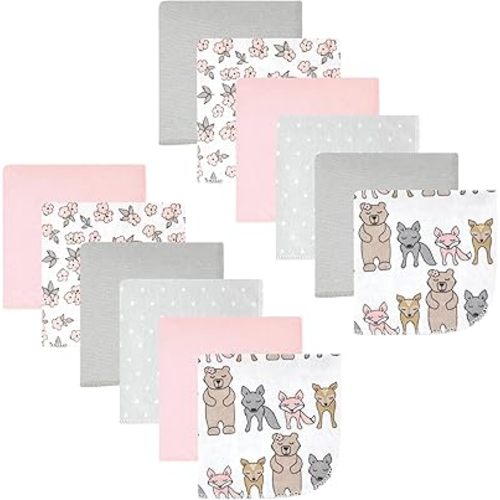 Hudson Baby Unisex Baby Flannel Cotton Washcloths 12-Pack, Wild Forest Pink, One Size