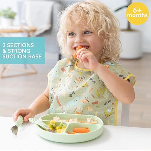 Bumkins Toddler and Baby Suction Plate, Divided Grip Dish for Babies and Kids, Baby Led Weaning, Feeding Supplies, Sticks to Tables and Highchairs, Platinum Silicone, for Chidren 6 Months, Sage